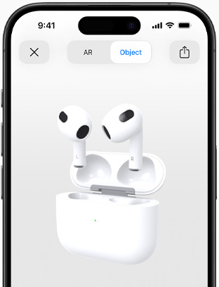 Egy iPhone képernyője, melyen AR-nézetben látható a harmadik generációs AirPods.