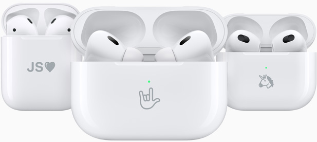 Three AirPods Charging Cases are engraved with example emojis: initials, an I-love-you hand sign and a unicorn.