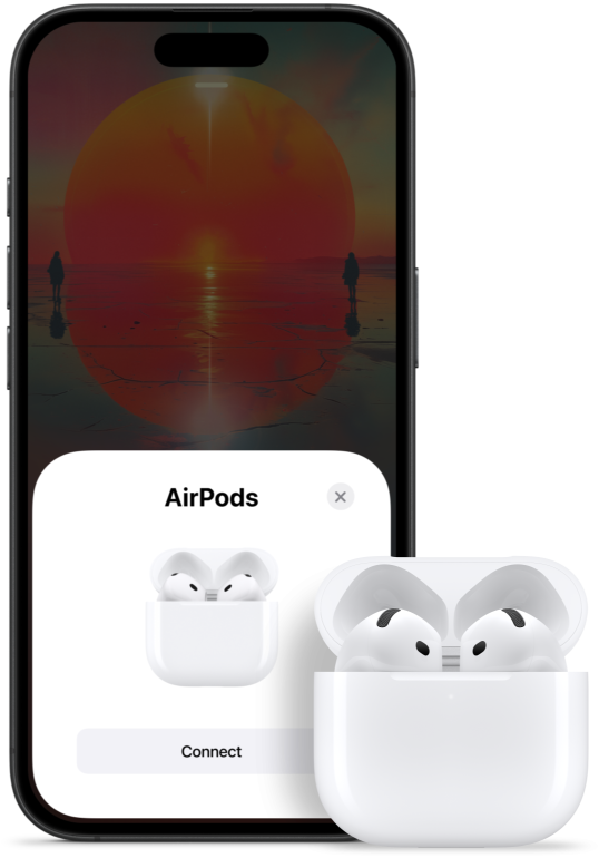 Otvorena kutijica za punjenje sa slušalicama AirPods 4 unutra, pored iPhonea koji pokazuje da su AirPods 4 slušalice povezane.