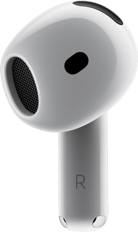 Vista frontal de uno de los AirPods 4 que destaca su diseño de ajuste perfecto.