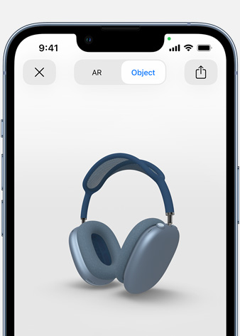 Image shows Sky Blue AirPods Max in Augmented Reality screen on iPhone.