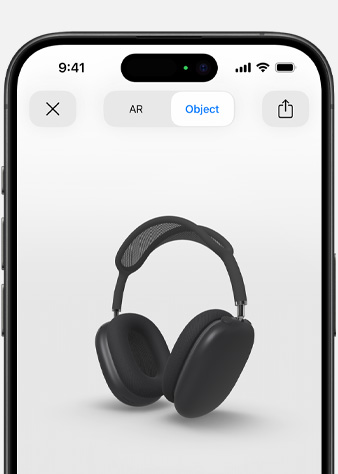 Image shows Space Grey AirPods Max in Augmented Reality screen on iPhone.