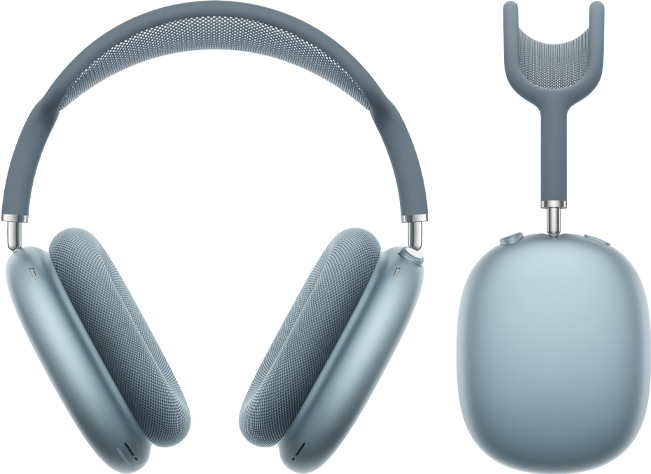 Vistas frontal e lateral dos AirPods Max na cor azul