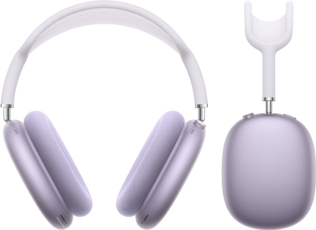 Vistas frontal e lateral dos AirPods Max na cor roxo