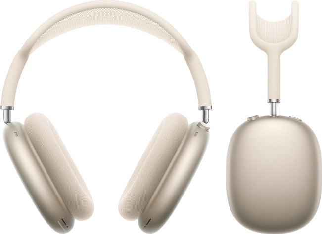 Vista frontal y lateral de los AirPods Max en color blanco estrella