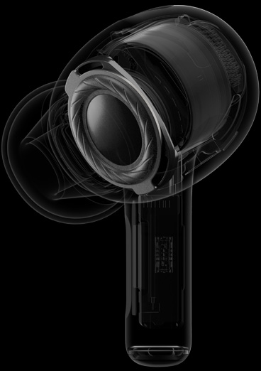 Hình ảnh phong cách X-quang của AirPods Pro làm nổi bật trình điều khiển và bộ khuếch đại tùy chỉnh nằm gần loa trên tai nghe.
