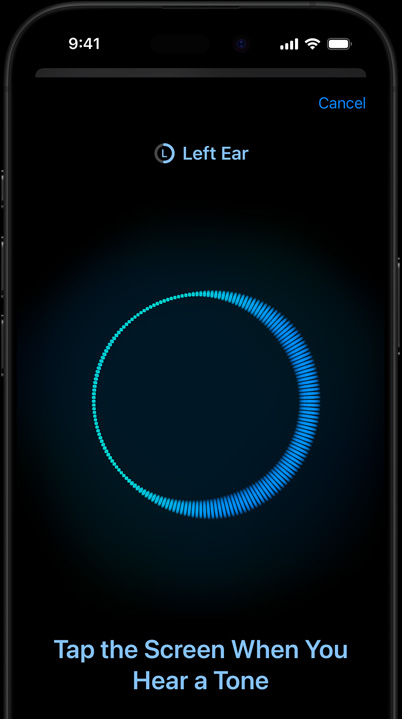 iPhone 展示正在進行的聽力測試