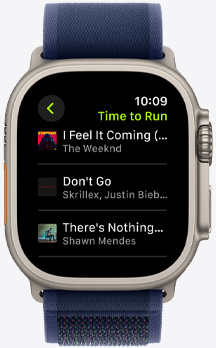 Apple Watch screen featuring an Apple Music playlist from a Fitness+ Time to Run workout