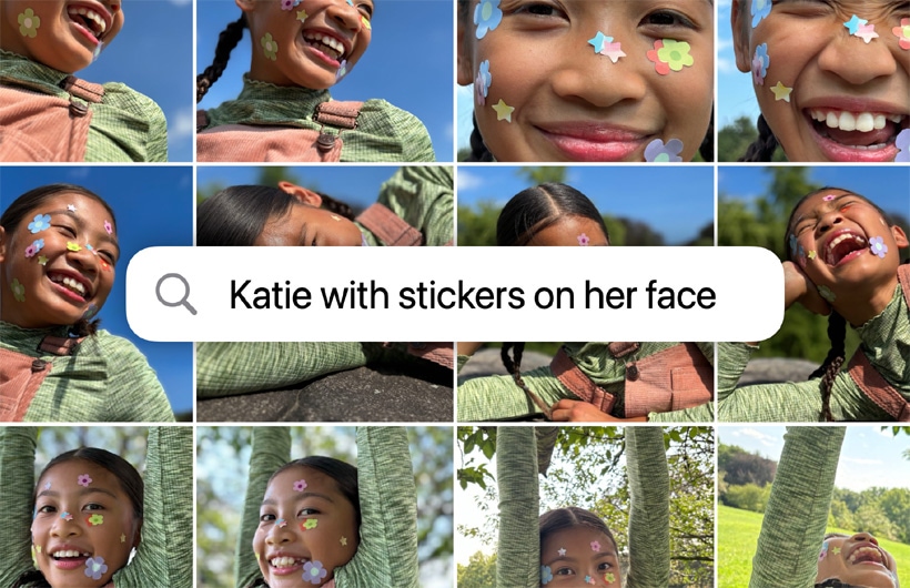 以格狀方式排列的多張相片，根據搜索提示「Katie 臉上貼著貼紙」而顯示