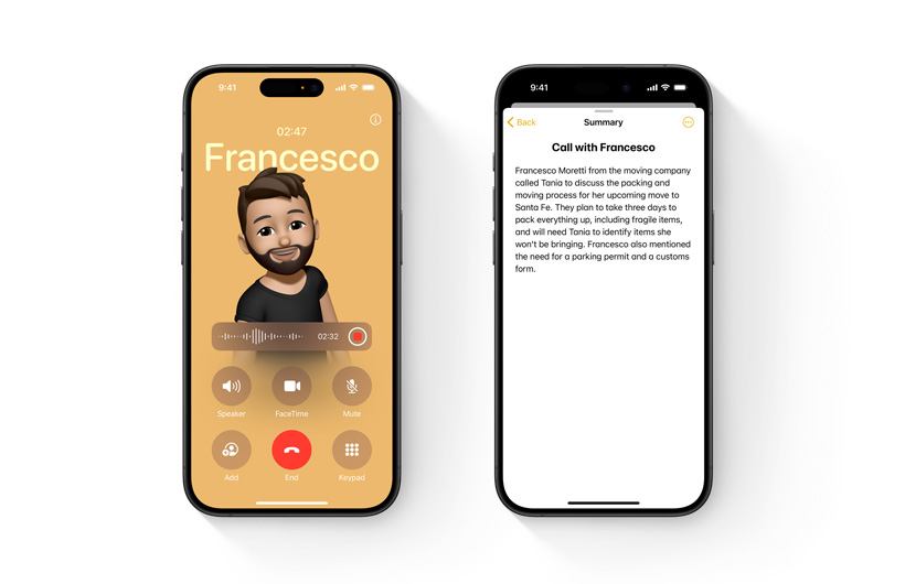 電話 app 顯示即時通話的全新錄音功能。另有一部 iPhone 顯示基於即時語音轉寫的通話摘要。