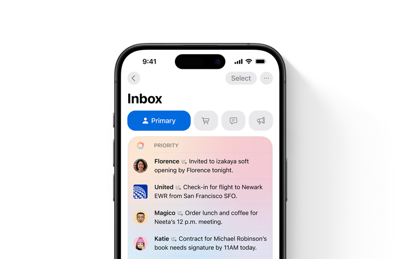 iPhone menampilkan inbox di aplikasi Mail dengan pesan penting di bagian atas dan disorot dengan warna berbeda