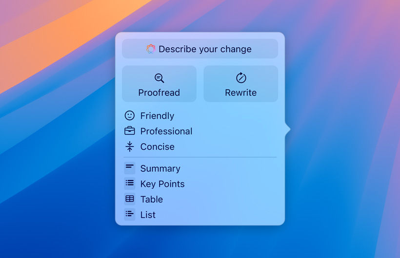 UI for Writing Tools with a text field to enter prompts, buttons for Proofread and Rewrite, different tones of writing voice, and options for summarize, key points, table and list