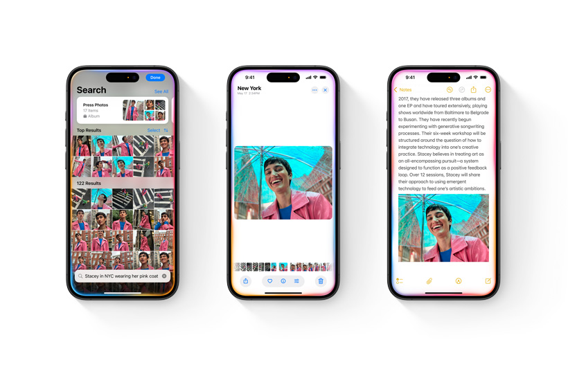 Photos library is shown on an iPhone along with a search description. A second iPhone is open to a single photo favorited based on the search. A third iPhone shows the photo incorporated into a note in the Notes app.