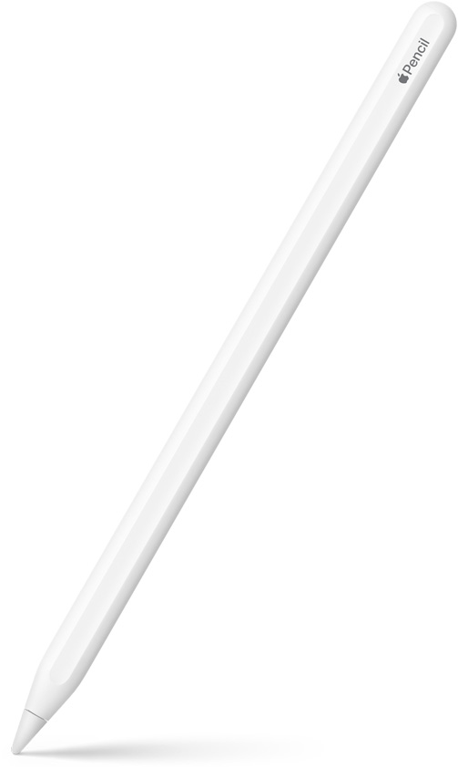 Apple Pencil de a 2-a generație în poziție verticală, într-un unghi în care vârful este îndreptat în jos. Partea de sus a unui Apple Pencil de a 2-a generație este curbată și prezintă un logo Apple și numele produsului. În partea de jos se observă un efect de umbră.