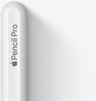 Gornji dio olovke Apple Pencil Pro prikazan sa zaobljenim vrhom, Appleovim logotipom i riječima Pencil Pro.