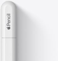 Gornji dio olovke Apple Pencil USB-C prikazan sa zaobljenim vrhom, Appleovim logotipom i riječju Pencil. Vršak prikazuje crtu koja predstavlja mjesto na kojemu se poklopac otvara prilikom spajanja na kabel USB-C.