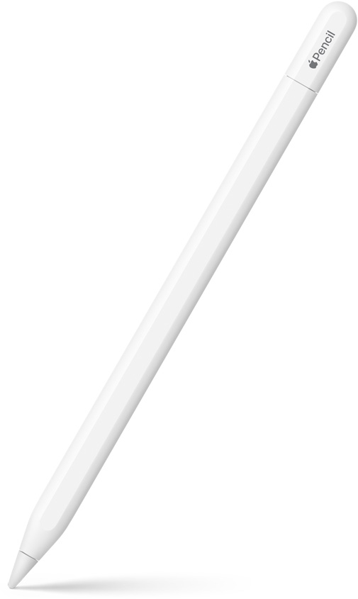 Olovka Apple Pencil USB-C, uspravljena i nagnuta, s vrškom umjerenim nadolje. Gornji dio je zaobljen i pokazuje mjesto gdje se poklopac pomiče radi spajanja USB-C kabla. Na vrhu su prikazani Appleov logotip i naziv proizvoda. Efekt sjene prikazan je na dnu.