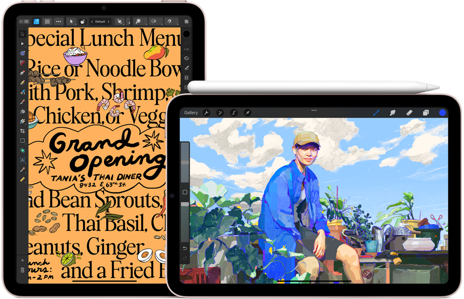 Til venstre en iPad mini i lodret position, der viser en grafisk illustration af en madmenu. Til højre en iPad mini i vandret position, der viser en illustration. Apple Pencil (2. generation) er fastgjort på overkanten.