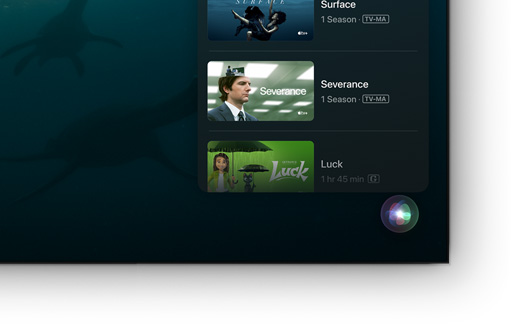 Een flatscreen-tv met een overzicht van films en series van Apple TV+