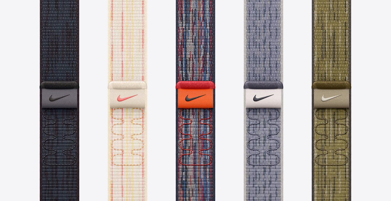 Five Nike Sport Loops in colours including Black/Blue, Starlight/Pink, Blue/Red, Grey/Blue and Green/Grey