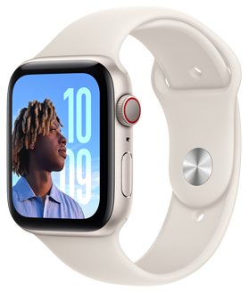 Un Apple Watch SE encima de opciones que muestran los acabados disponibles: aluminio en color medianoche, aluminio en blanco estrella y aluminio en plata.