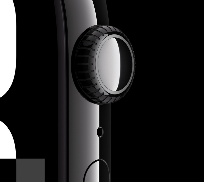 Close-up of the Jet Black aluminium finish on the Digital Crown.