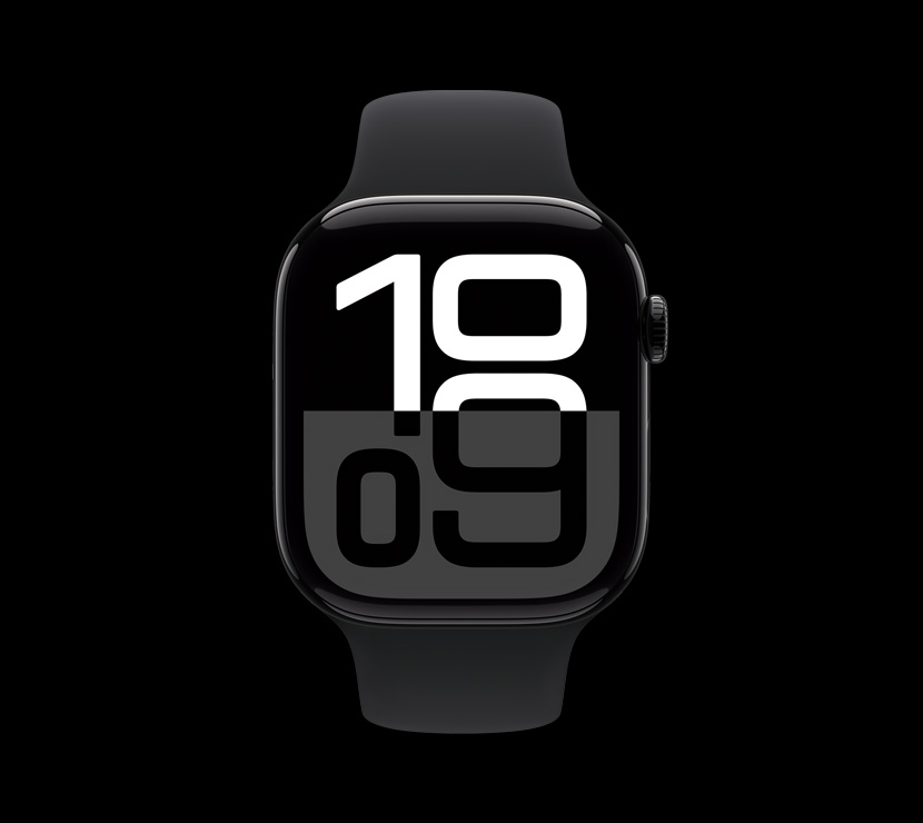 Eine Vorderansicht mit dem Aluminium Diamantschwarz Finish auf der Apple Watch Series 10.