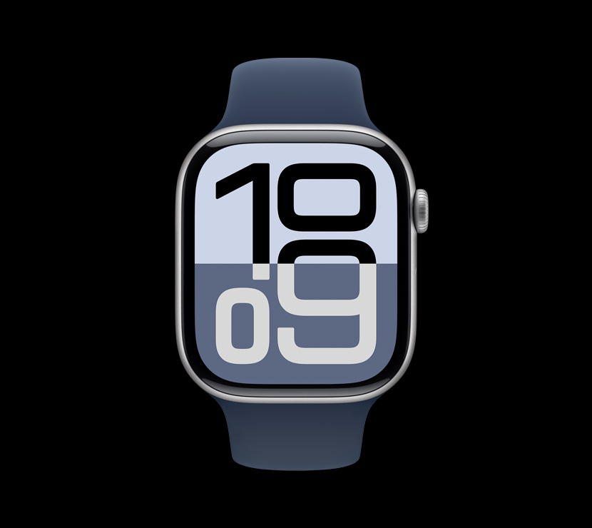 A front view of the Silver aluminium finish on Apple Watch Series 10.