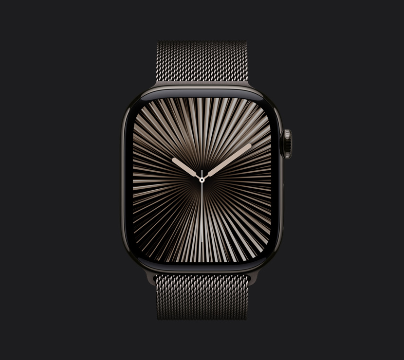 A front view of the Slate Titanium finish on Apple Watch Series 10.