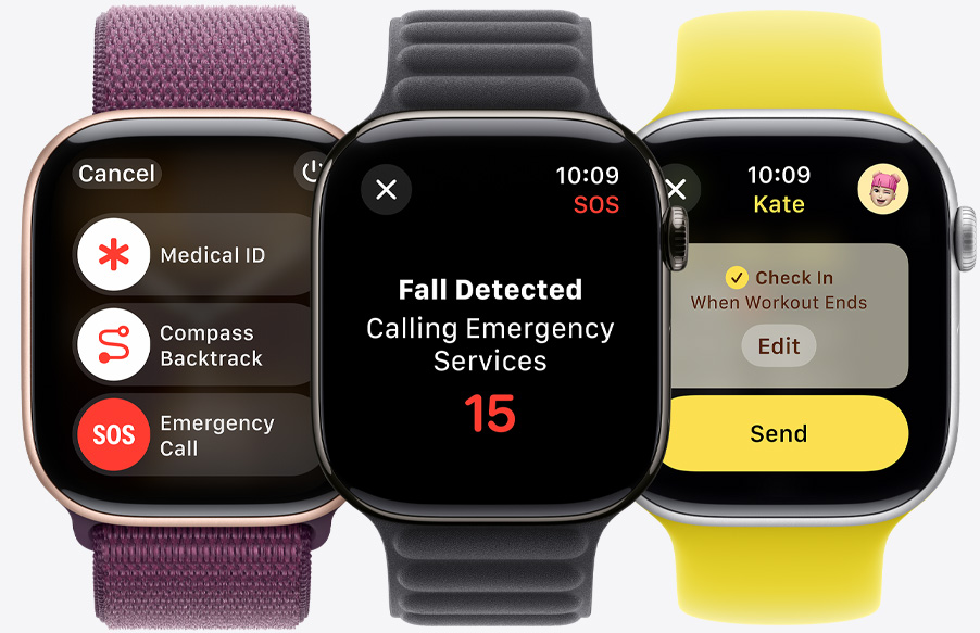 Reglaget för nödsamtal visas tillsammans med reglagen för Medicinskt ID och Gå tillbaka med kompass på en Apple Watch Series 10. Ett fall har detekterats på en Apple Watch Series 10. En avstämning är på väg att skickas till någon från en Apple Watch Series 10.