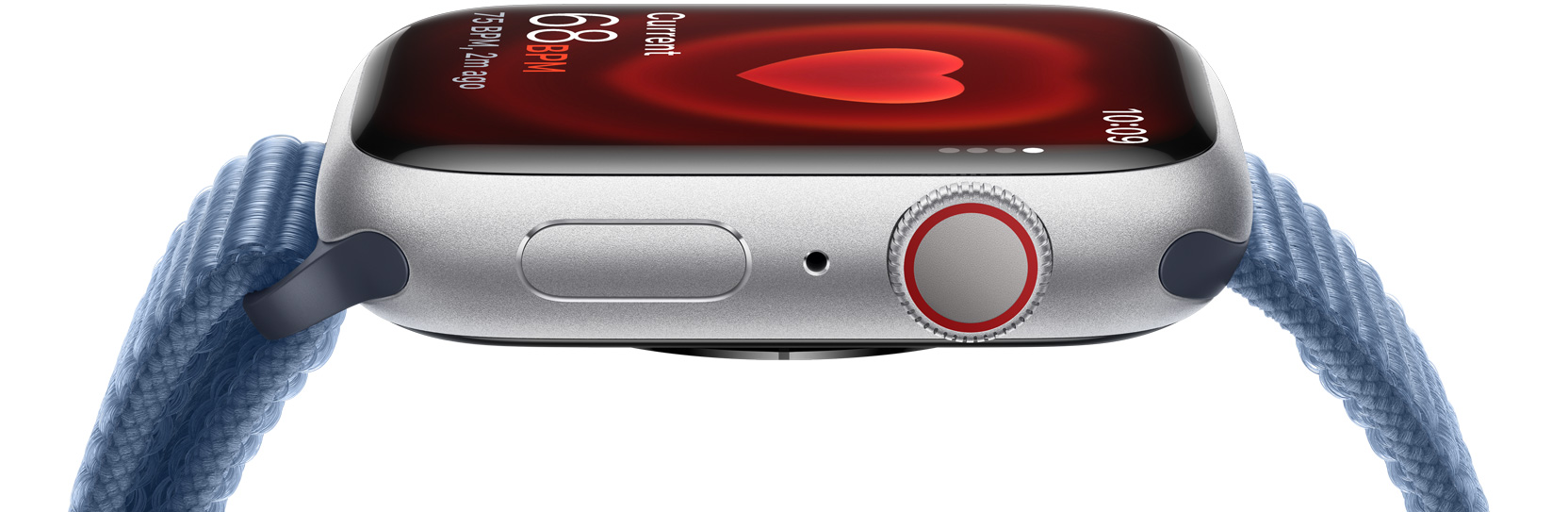 A side view of Apple Watch demonstrating someone’s heart rate.