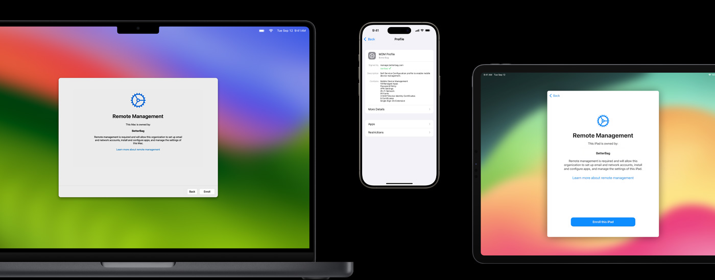 En Mac och en iPad med ett fjärrhanteringsfönster. En iPhone med MDM-profilinställningar.