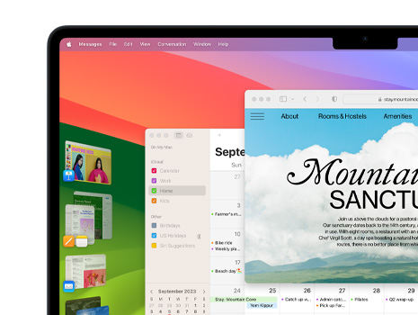 Più finestre e app su uno schermo tra cui Keynote, Pages, Mail e un sito web con contenuti su un monastero.