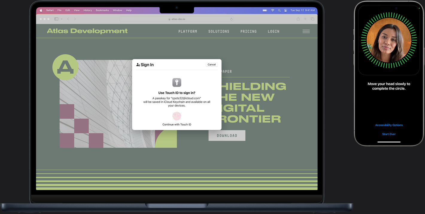 Un Mac e un iPhone con diversi elementi di Touch ID per accedere in modo sicuro.