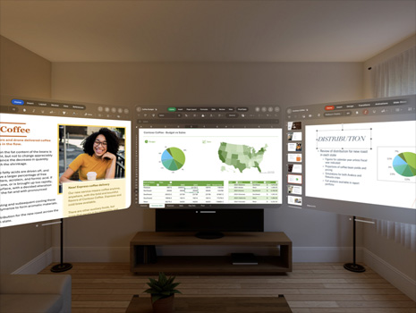 Three screens showing a presentation in a lounge room space, as seen through Apple Vision Pro.