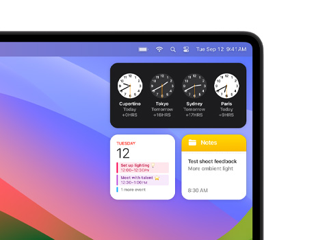 En un computador de escritorio Mac se muestran diferentes widgets, como Reloj, Calendario, Notas y Clima.
