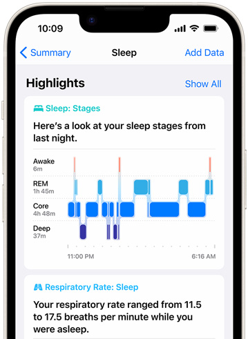 一部 iPhone 裝置顯示健康 app 內的睡眠階段。