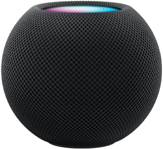 Un HomePod mini grigio siderale con sopra dei puntini colorati che si muovono e formano la parola “mini”.