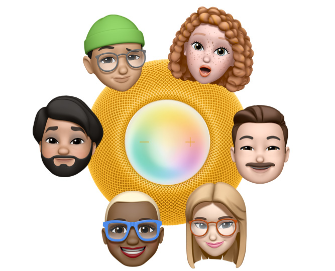 Six Memoji de personnes encerclent une vue en plongée d’un HomePod mini jaune. Trois des personnes disent « Dis Siri » dans des phylactères bleus.