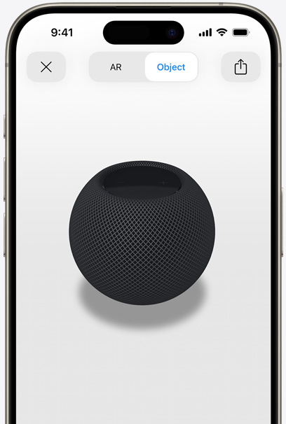 Space Grey HomePod on the screen of an iPhone in AR view.