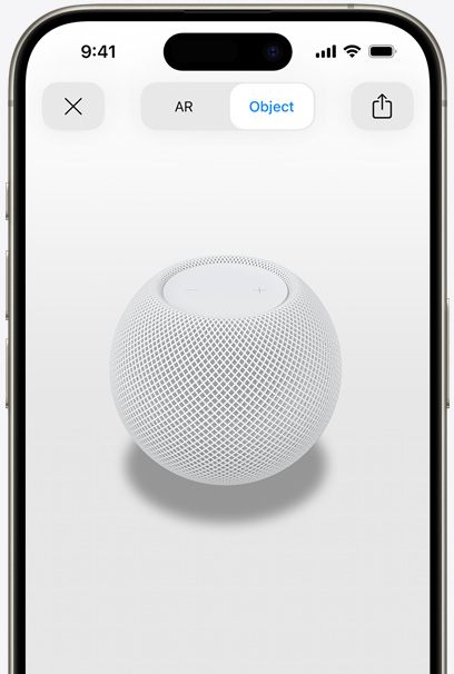 HomePod blanc en réalité augmentée sur l’écran d’un iPhone.