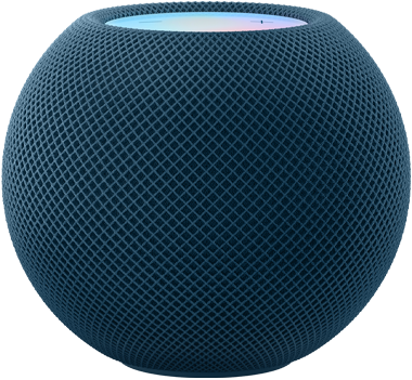 White HomePod mini in front as a Blue HomePod mini appears from behind and rotates to be side by side.