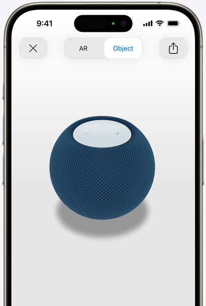 En HomePod i farven blå vises i AR på en iPhone-skærm.
