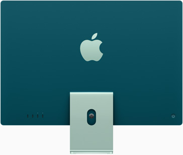 Grön iMac sedd bakifrån, med Apples logotyp centrerad ovanför stativet