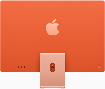 Pohled zezadu na oranžový iMac s logem Apple umístěným uprostřed nad stojanem