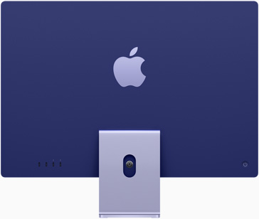 Lila iMac sedd bakifrån, med Apples logotyp centrerad ovanför stativet