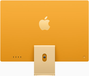 Gul iMac sedd bakifrån, med Apples logotyp centrerad ovanför stativet