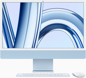 Blå iMac med skärmen vänd framåt