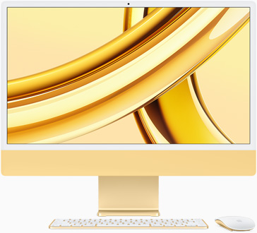 Pohled zepředu na žlutý iMac