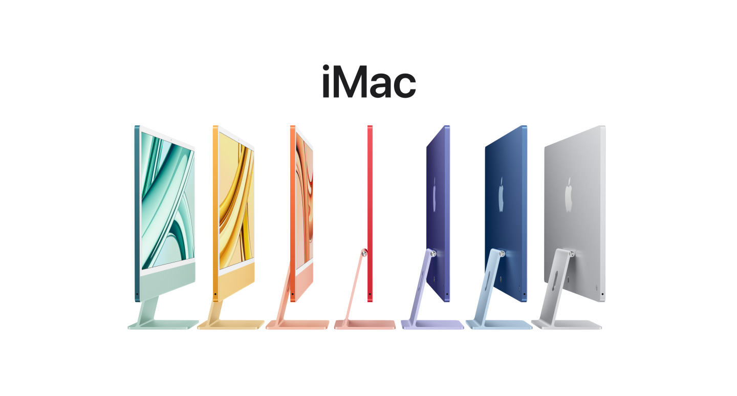 일렬로 서 있는 그린, 옐로, 오렌지, 핑크, 퍼플, 블루, 실버 색상 iMac 24의 후면 모습. 디스플레이 후면에 Apple 로고가 보입니다.